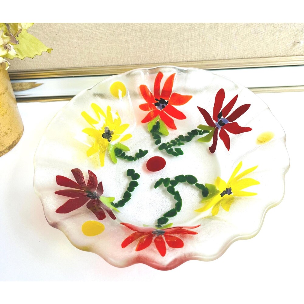 Vintage Fused Glass Bowl | Colorful Art Glass Dish 8.25" x 2"
